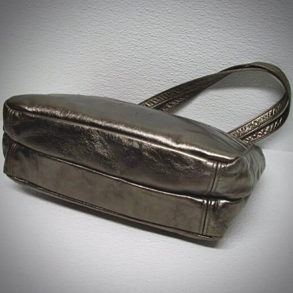 Vintage SAS Leather Purse Metallic Pewter Double Shoulder Straps Snap Zip Close